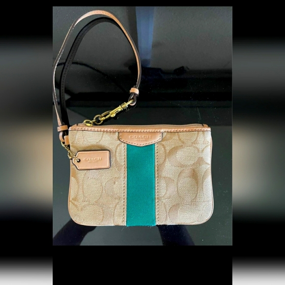 Coach Designer Tan Teal Stripe Monogram Wristlet Clutch Wallet - Picture 3 of 3